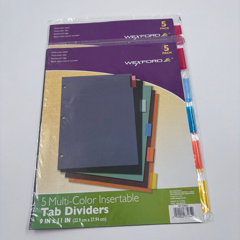Wexford 5 Multi-Color Insertable Tab Dividers Pack 3-Ring Binder Organizer New